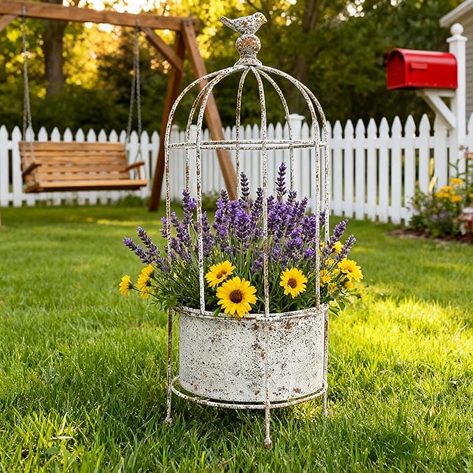 Planter Metal Birdcage Stand in White, 21.7 Inches Tall