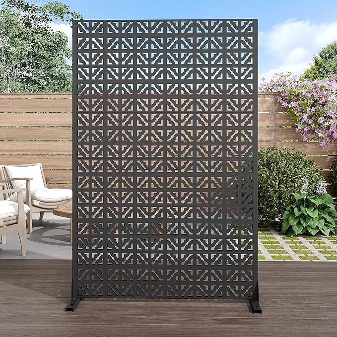 Casaphoria Metal Privacy Screen Outdoor, 72" H x 47" W Freestanding Decorative Privacy Screen for Patio Deck Balcony Garden with Stable Base, Black Charles