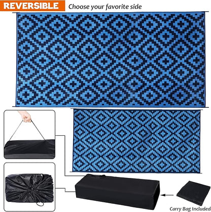 SAND MINE Waterproof Outdoor Rug 9x18 ft, Plastic Reversible Rug, Modern Area Rug, Large Floor Mat for Outdoors, RV, Patio, Backyard, Deck, Picnic, Beach, Camping, Blue