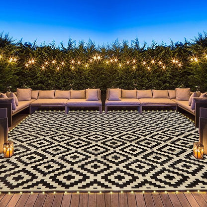 SAND MINE Reversible Mats with Led Strip Lights, Plastic Straw Rug, Modern Area Rug, Large Floor Mat for Outdoors, Patio, Backyard, Deck, Picnic, Camping, Black & Beige, 8' x 10'
