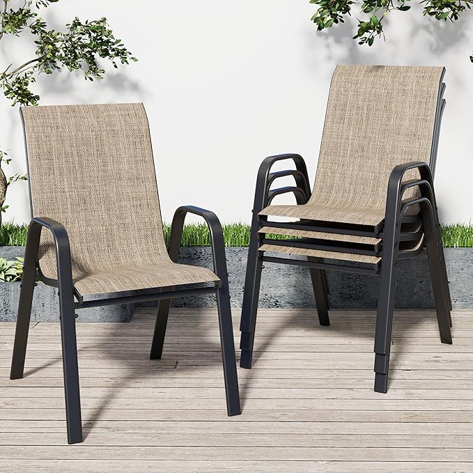 Patio Dining Chairs Set of 4 in Brown with Stackable Steel Frame