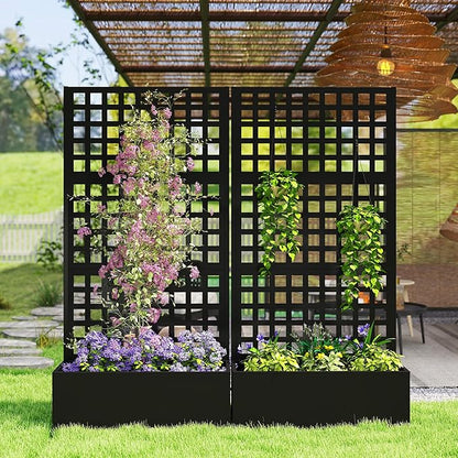 Outsunny Galvanized Raised Garden Bed with Trellis, Metal Planter Box with Drainage Holes, Outdoor Privacy Screen for Climbing Plants, Vegetable, Vines, 35" x 16" x 70", Black
