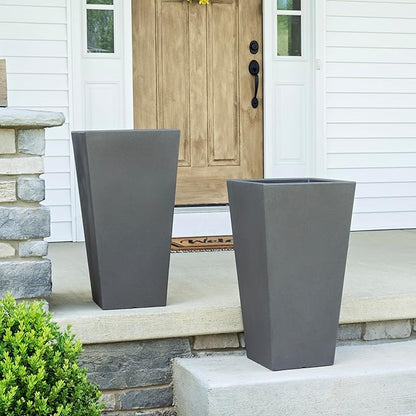 Step2 Tremont Tall Square Tapered Planter, Large Planters for Outdoor Plants, Gardening and Flower Pot for Patio or Porch, Efficient Drainage, Durable Plastic, Dark Cedar, 2-Pack