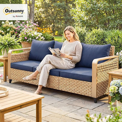 Outsunny Outdoor Patio Couch with Wide and Deep Seat, 3 Seater Wicker Outdoor Sofa with Wide Metal Armrests, Patio Furniture Couch with Cushions for Porch, Garden, Backyard, Dark Blue | Removable Covers