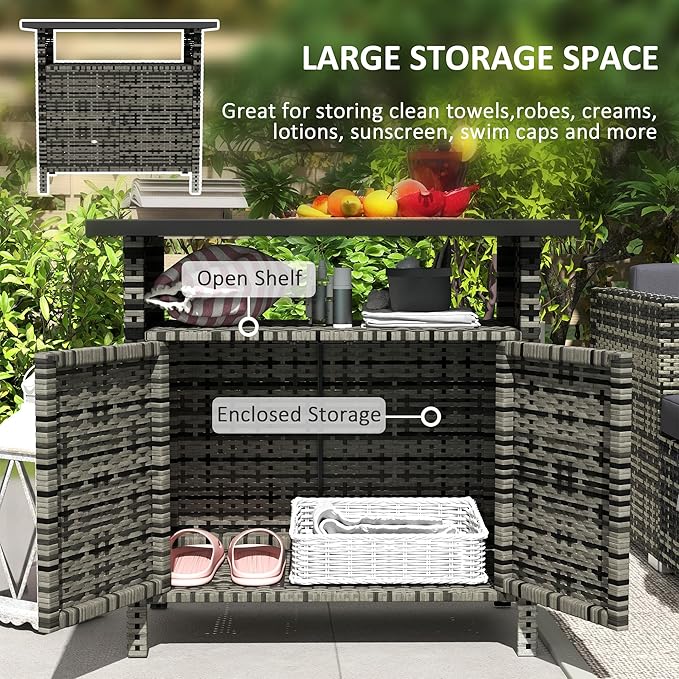 Outsunny Wicker Outdoor Storage Cabinet, Rattan Outdoor Bar Table with 2 Doors and Shelf, Outdoor Buffet Cabinet Sideboard with Metal Slatted Countertop for Poolside, Patio, Backyard, Mixed Gray