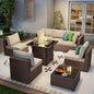 Outdoor Patio Furniture Set with 28'' Fire Pit Table, 8 Pcs Outdoor Patio Furniture Conversation Sets with 4in Thicken Cushion, Wicker Outdoor Sectional for Backyard, Garden, Balcony,Deck, Brown/Beige