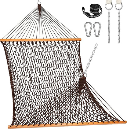 Lazy Daze Hammocks Double Rope Hammock, 2 Person Traditional Outdoor Hand Woven Cotton Rope Hammock with Spreader Bar, Carabiners, Tree Straps, Chains for Patio Yard - Max 450 Lbs, Dark Brown