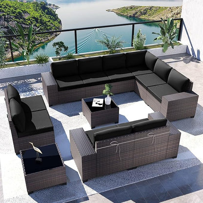 Kullavik 12 Pieces Outdoor Patio Furniture Set PE Wicker Rattan Sectional Sofa Patio Conversation Sets,Black