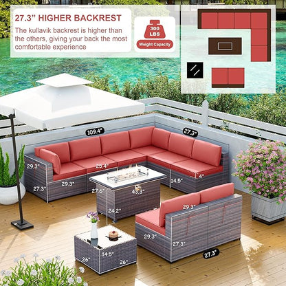 Kullavik 10 Pieces Outdoor Patio Furniture Set with 43" 55000BTU Gas Propane Fire Pit Table PE Wicker Rattan Sectional Sofa Patio Conversation Sets,Red