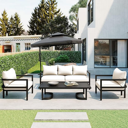 Merax 4 Piece Sectional Furniture Patio Sofa Multi-Person Outdoor Steel Sofa Set, Waterproof, Anti-Rust and Anti-uv, Suitable for Gardens and Lawns，Beige
