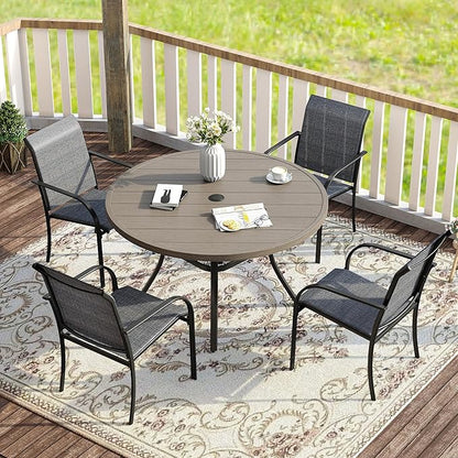 VICLLAX 5 Pieces Patio Dining Set for 4, Outdoor Furniture Set Includes 40.7" Round Patio Table and 4 Patio Stackable Chairs, Grey Wood Grain Tabletop and Grey Fabric