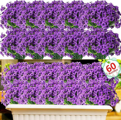 60 Pack Artificial Flowers for Outdoor Indoor Fake Plants, Faux Silk Flowers for Outdoors Outside Front Porch Hanging Planter Window Box Garden Spring Decoration(Purple)