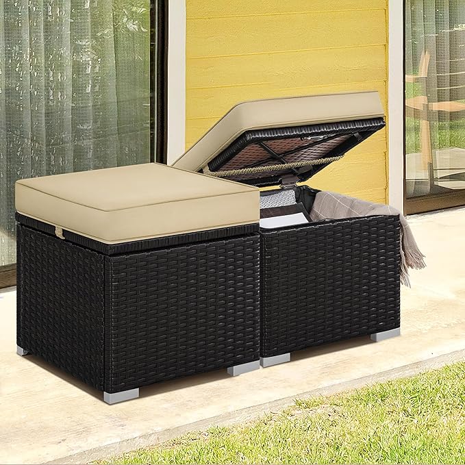 Yaheetech Wicker Ottomans, Set of 2 Patio PE Rattan Side Tables with Hidden Storage & Removable Cushion, Outdoor/Indoor Footstools, Additional Seating for Garden/Balcony/Yard, Brown/Khaki