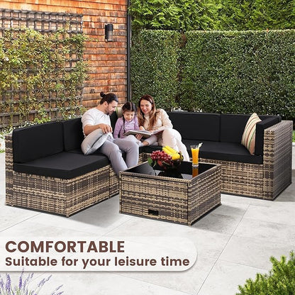 8-Piece Patio Furniture Set, Outdoor Wicker Rattan Sectional with Thick Cushions, Glass Top Table with Hidden Storage, Outdoor Conversation Set for Backyard, Porch, Patio, Black