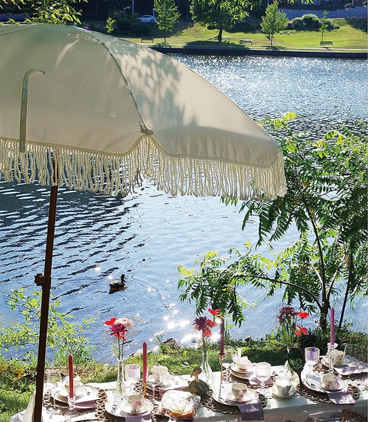 Patio Umbrella with Fringe Outdoor Tassel Umbrella UPF50+ Premium, 7ft