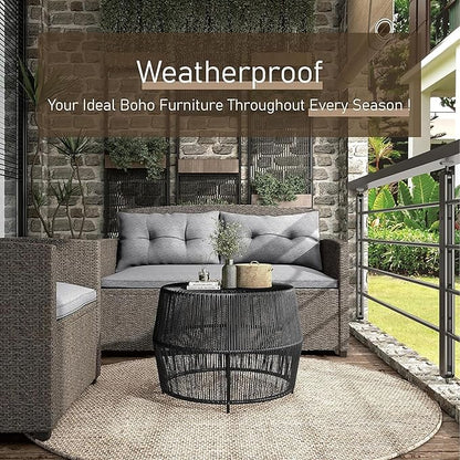 Furniture of America Ysar Boho Rattan Round Coffee Table Outdoor with Metal Frame, All-Weather and Rust Resistant, Handcrafted Coastal Furniture for Patio, Poolside, Garden, Yard, Black