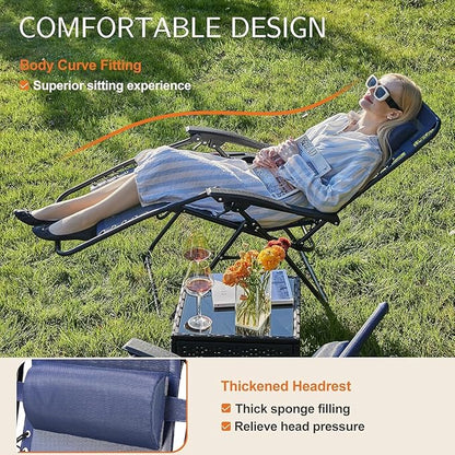 Sweetcrispy Zero Gravity Chairs, Set of 4 Portable Recliner Beach Camping Patio Outdoor Folding Lounge Chair with Cup Holder Trays and Adjustable Pillow for Poolside, Garden, Backyard, Lawn (Blue)