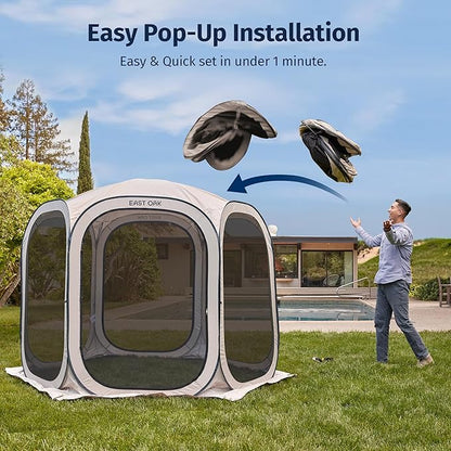 East Oak Screen House Tent Pop-Up, Portable Screen Room Canopy Instant Screen Tent 10 x 10 FT with Carry Bag for Patio, Backyard, Deck & Outdoor Activities, Beige