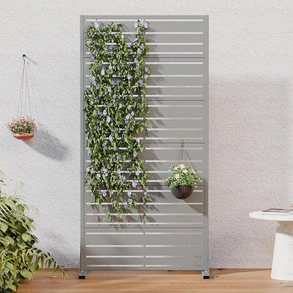 Casaphoria Metal Privacy Screen Outdoor, 72" H x 35" W Freestanding Decorative Privacy Screen for Patio Deck Balcony Garden with Stable Base, Grey-Benjamin