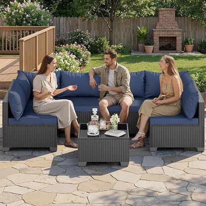 Skyfish 7 Pieces Patio Furniture Sofa - Outdoor Sectional Wicker Rattan Furniture with Cushion and Glass Table Patio Conversation Sets for Porch Poolside Backyard Outdoor Sofa Set Modular Sofa