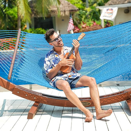 Lazy Daze Hammocks 10.5 FT Double 2 Person Caribbean Rope Hammock, Hand Woven Polyester Hammock with Spreader Bars, for Outside Outdoor Backyard Patio Poolside, 450 LBS Capacity, Sky Blue