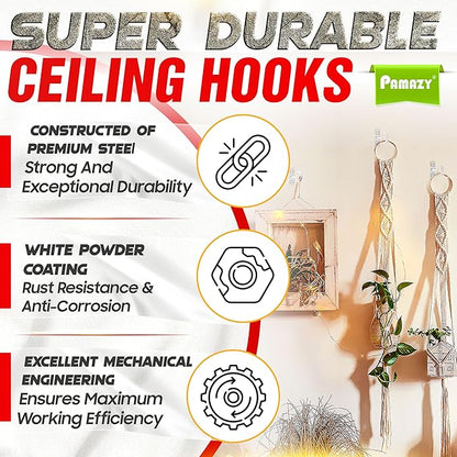 [UPGRADED] 2Pcs 200LBS Rotatable Ceiling Hooks with 4 Screw Points Base, Wall Mount Metal Hanger White Ceiling Hook for Hanging Plant, Bird Feeder, Lights, Bed Canopy, Wind Chime, Indoor Outdoor Decor