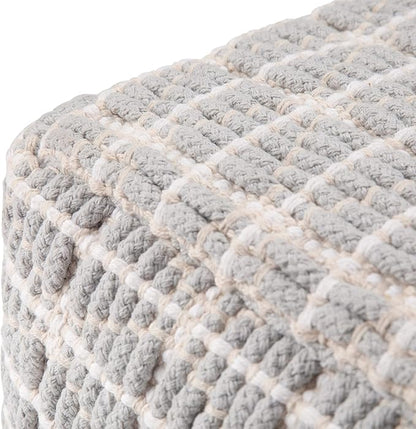 SIMPLIHOME Noreen Square Pouf - 18 inch Wide Upholstered Handwoven Cotton Ottoman in Light Blue and White, Boho Footstool or Extra Seating for Living Room with Polystyrene Filling, Assembled