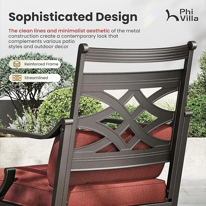 PHI VILLA 5 Pieces Outdoor Dining Set for 4, 37" Square Metal Table with Umbrella Hole & Wrought Iron Swivel Chairs, All Weather Outside Furniture with Red Cushions & Pillows for Patio, Deck, Porch
