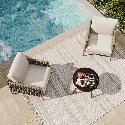 East Oak 3-Piece Patio Furniture Set | Armchairs & Coffee Table | Outdoor Furniture with Cushions | Deep Seating Modern Conversation Set | Garden, Porch, Balcony & Backyard | Chestnut & Apricot