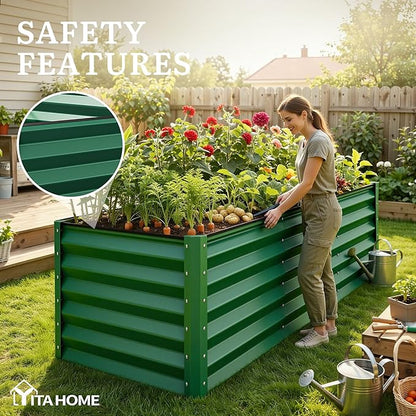 YITAHOME 8x4x3ft Large Raised Garden Bed Kit, Galvanized Metal Planter Box with Gloves, Support Rod & Safety Rubber, Outdoor Above Ground Planters for Plants Vegetables Flowers, Green