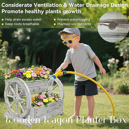 NestNature Wooden Wagon Planter Box,Raised Garden Bed,Decorative Garden Planters with Wheels-Outside Flower Pots for Indoor/Outdoor Décor Plants (Antique White)