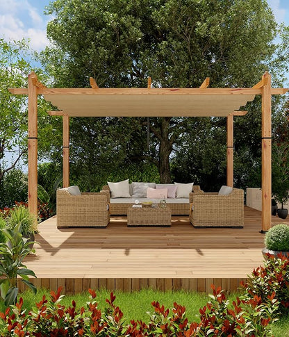 GarveeLife 10 x 13 ft Wood-Grain Outdoor Pergola with Retractable Canopy Sun Shade Shelter for Garden Patio Backyard Deck - Khaki