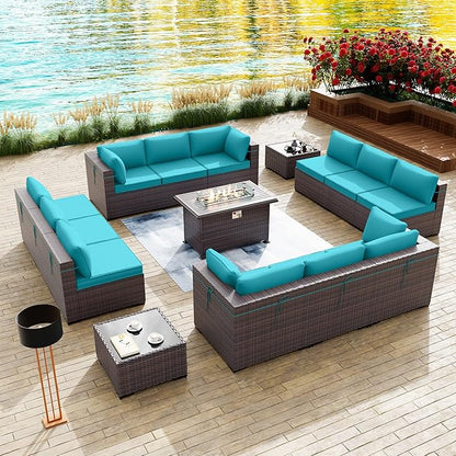 Kullavik 15 Pieces Outdoor Patio Furniture Set with 43" 55000BTU Gas Propane Fire Pit Table PE Wicker Rattan Sectional Sofa Patio Conversation Sets,Blue