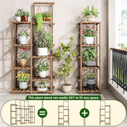 EnHomee Plant Stand Indoor Wood Plant Stand Outdoor Tiered Plant Shelf for Multiple 16-21 Potted Plants for Living Room Patio Balcony Yard Garden 44.9" W x 11.8" D x 62.2" H