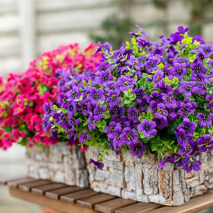 Artificial Flowers for Outdoors Fake Plants - 16 Bundles Fake Plants UV Resistant No Fade Faux Plastic Greenery Home Garden Porch Patio Decoration Office Indoor (Purple)