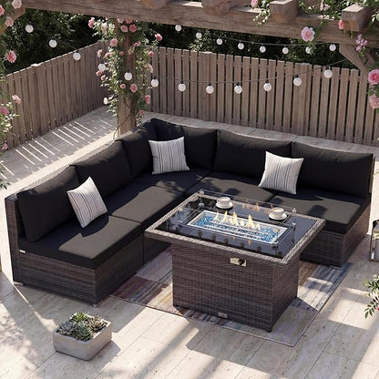 NICESOUL 6 Piece Modern L-Shaped Outdoor Sectional with Firepit Natural Gas/Propane, 29.3'' High Back Wicker Patio Furniture Set, Oversized Conversation for Exterior, 2 Color Cushion Black & Gray