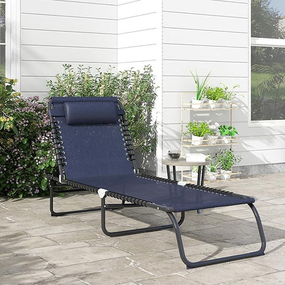 Outsunny Folding Chaise Lounge Chair, Patio Sun Tanning Chair, Outdoor Chaise Lounger with 4-Position Reclining Back, Breathable Mesh Seat for Beach, Poolside, Yard, Dark Blue