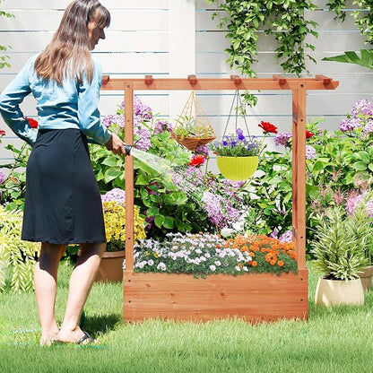 Giantex Set of 2 Raised Garden Bed with 2-Sided Trellis & Hanging Roof, Fir Wood Planter Box w/Drainage Holes, Freestanding Garden Planter for Flowers Herbs Climbing Vines (43"x15"x45")