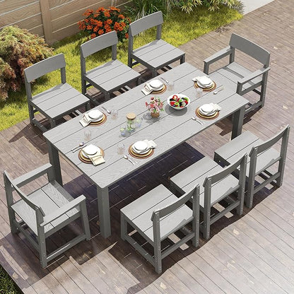 9 Piece Patio Dining Sets for 8 HIPS Outdoor Dining Table Set with Umbrella Hole Table and 8 Chairs Furniture for Backyard Poolside Garden, Grey