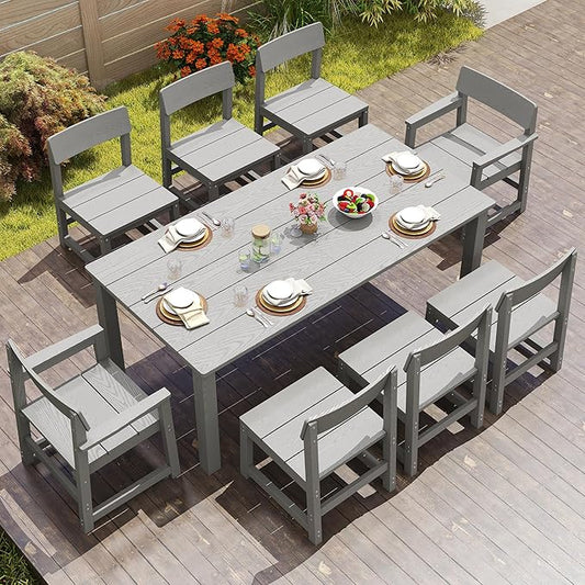 9 Piece Patio Dining Sets for 8 HIPS Outdoor Dining Table Set with Umbrella Hole Table and 8 Chairs Furniture for Backyard Poolside Garden, Grey