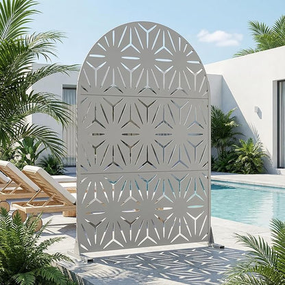 Casaphoria Metal Privacy Screen Outdoor, 72" H x 47" W Arched Freestanding Decorative Privacy Screen for Patio Deck Balcony Garden with Stable Base,Grey-Star