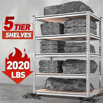 REIBII 2020LBS Garage Shelving Heavy Duty Metal Shelving 5 Tier Storage Shelves, Garage Shelves for Basement, Warehouse, Pantry, Closet, Kitchen, 72" H x 35.55" W x 16" D, Galvanized, 4 Pack
