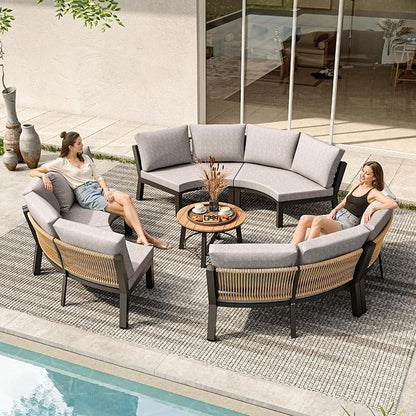 Outdoor Patio Sectional Modular Sofa, Aluminum 1 Piece Curved Patio Couch with Washable Cushions, All Weather PE Rope Sofa for Backyard,Porch, Deck, Poolsid, Gray