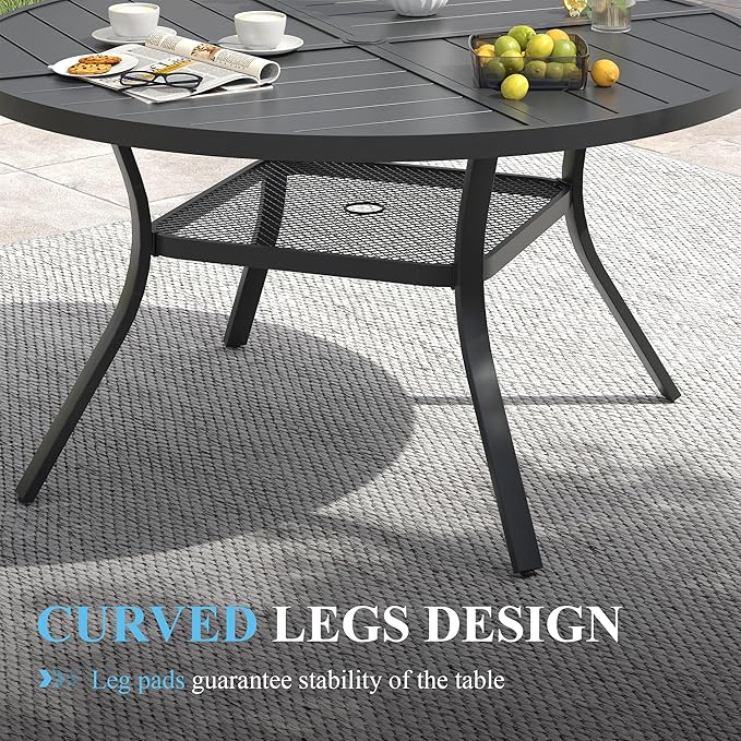 VICLLAX Patio Dining Set for 6, All Weather Metal Outdoor Furniture Set Includes 47" Round Patio Table and 6 Patio Stacking Chairs, Black Tabletop and Brown Fabric