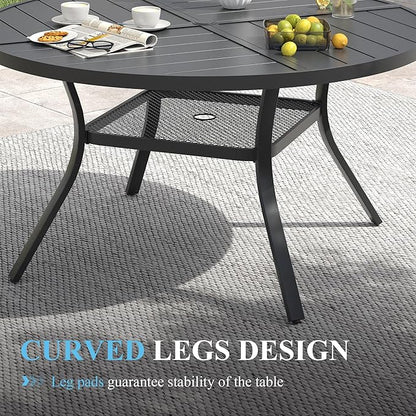 VICLLAX Patio Dining Set for 6, All Weather Metal Outdoor Furniture Set Includes 47" Round Patio Table and 6 Patio Stacking Chairs, Black Tabletop and Brown Fabric
