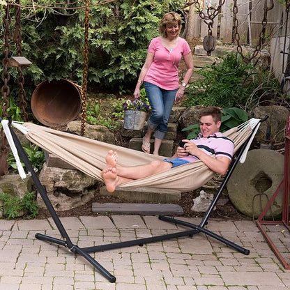 Vivere Double Sunbrella Hammock with Space-Saving Steel Stand, Heavy-Duty Portable Outdoor Hammock Set for Backyard, Patio, or Travel, Sand