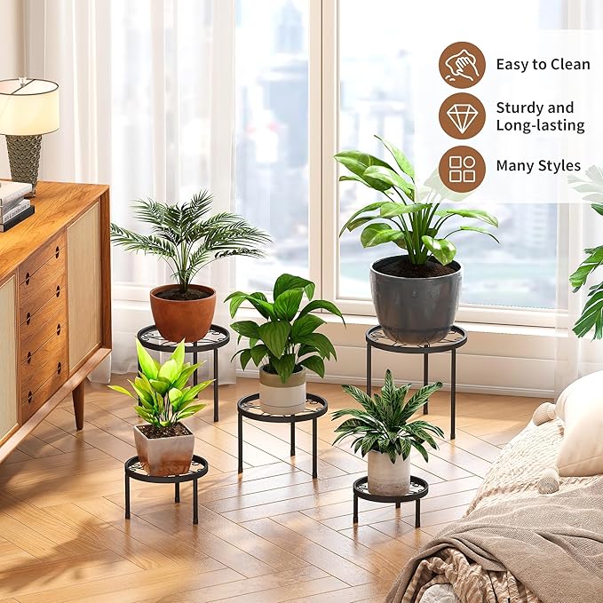 Plant Stand Indoor Outdoor 5 Pack Heavy Duty Metal Stand Multiple Plants, Anti-Rust Iron Flower Pot Stand Decoration Racks Plant Pot Shelf for Living Room Garden Balcony (Black)