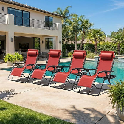 Homall Zero Gravity Chair Patio Folding Lawn Outdoor Lounge Gravity Camp Reclining Lounge Chair with Cup Holder Pillows for Poolside Backyard and Beach Set of 4 (Red)