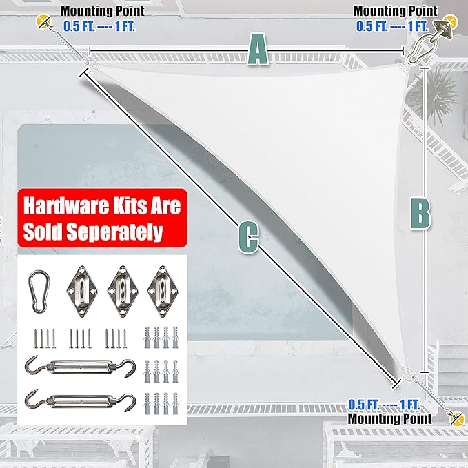 Amgo Custom Size 5' x 6' x 7.8' White Right Triangle Sun Shade Sail UPF50+ AGTAPRT12, Order to Make Canopy Awning, 95% UV Blockage, Water & Air Permeable, Commercial Standard (We Customize)