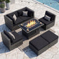 NICESOUL 7 Piece Outdoor Patio Sectional Furniture Set with Firepit Natural Gas/Propane, 29.3'' High-Back Comfy Conversations for Outside, Oversized Wide Wicker Couches, 2 Color Cushion Black & Gray
